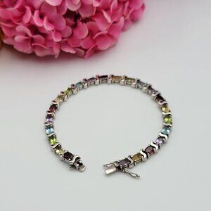 Vintage Thailand 925 Sterling Silver Multi Gemstone Bead Chain Bracelet 7.5"